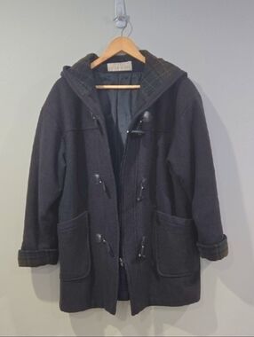 Retro 90's Hooded Navy Wool and Tartan Fishermancore Coat with Toggle Closures